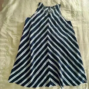 Lands’ End Swing Dress Women’s Size L Linen A-Line Navy White Nautical Stripe